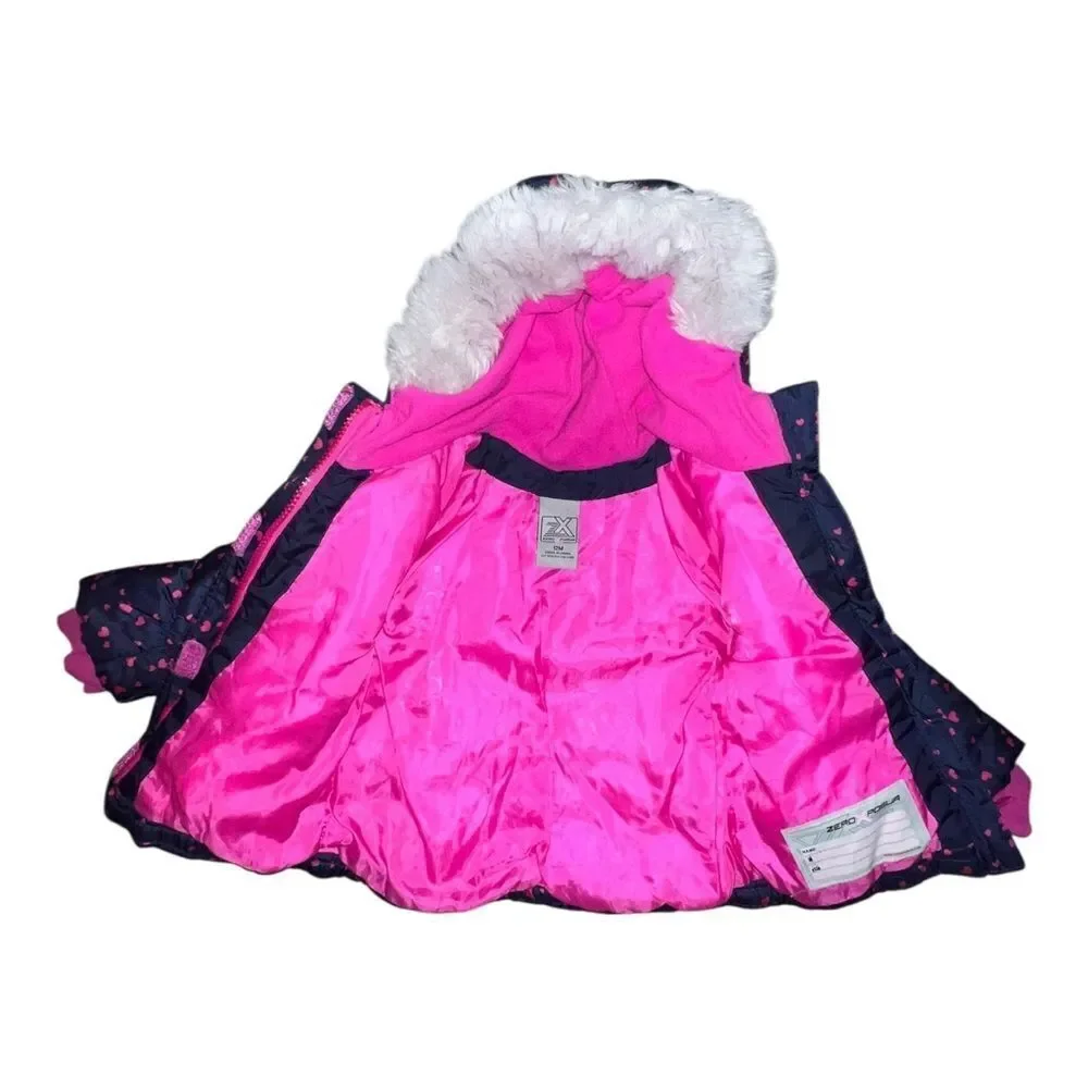 Zeroxposure Baby Girls Cinzia Snowbibs & Coat Set Blue Pink Hearts 12 Months EUC